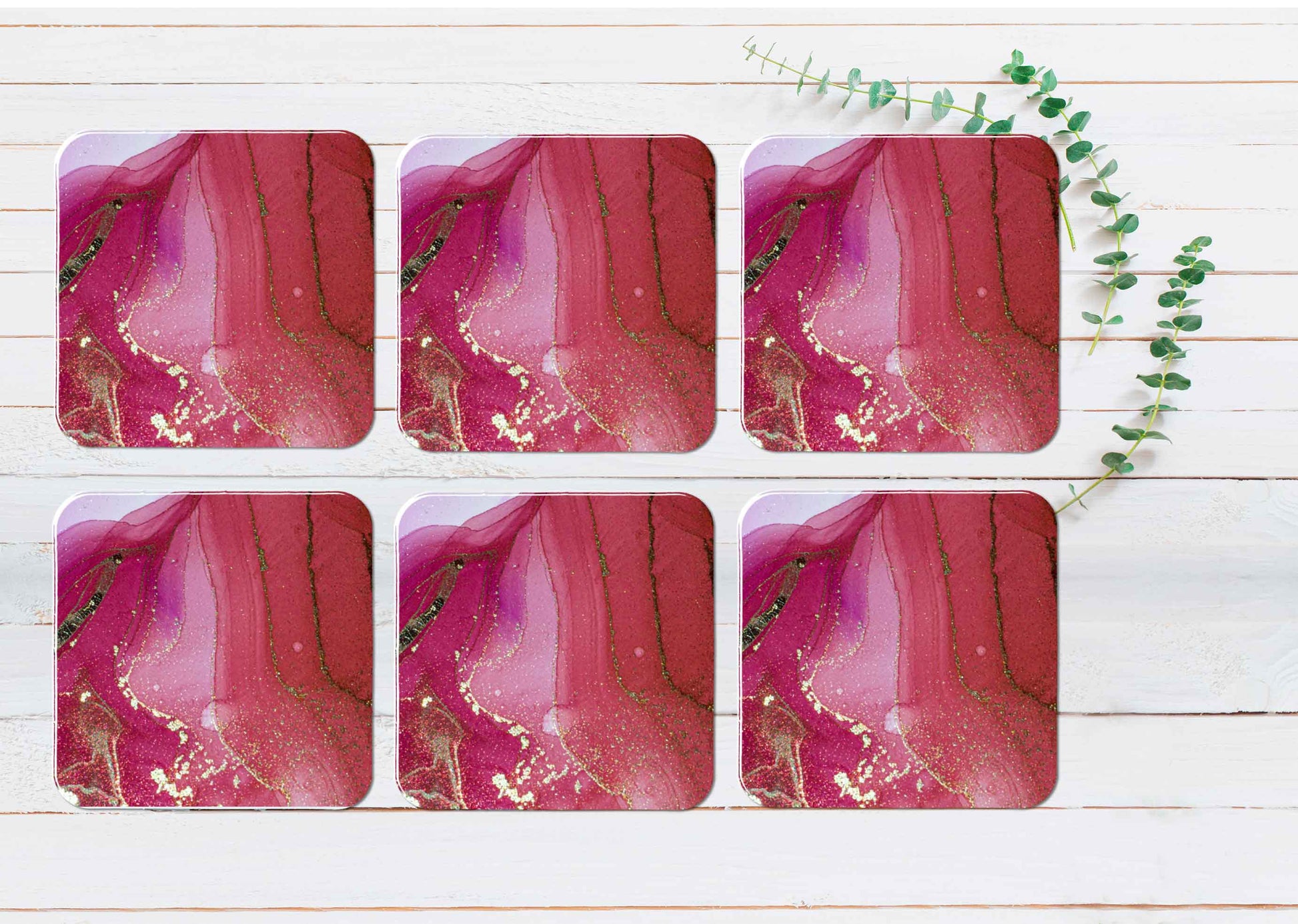 Red Pink Gold Splash Abstract Design Coasters Wood & Rubber - Set of 6 Coasters