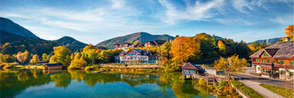 Panoramic Canvas Grundlsee Village & Lake Scenery Photograph High Quality 100% Australian Made Wall Canvas Print Ready to Hang