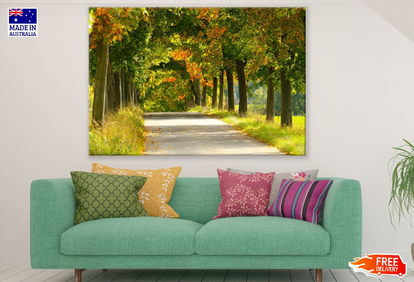 Road with Maple Trees Autumn Scenery Photograph Print 100% Australian Made