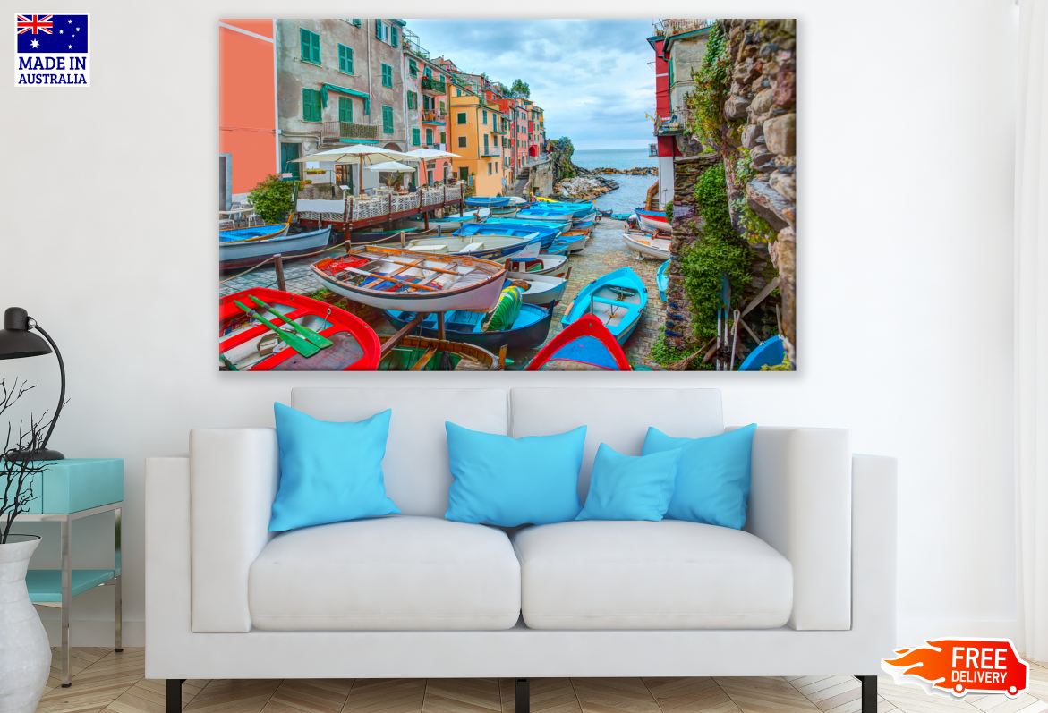 Cinque Terre National Park Buildings with Boats in Italy Photograph Print 100% Australian Made