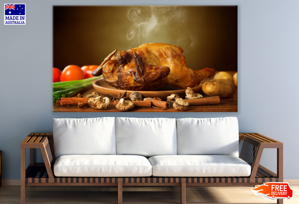 Whole Roasted Chicken with Vegetables on Wooden Tray with Hot Steam Kitchen & Restaurant Print 100% Australian Made