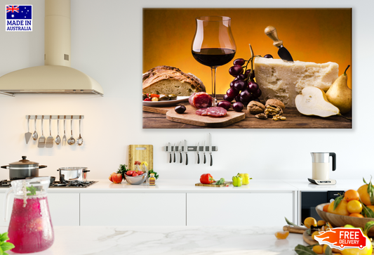 Wine, Cheese, Bread & Fruits on a Wood Table Kitchen & Restaurant Print 100% Australian Made