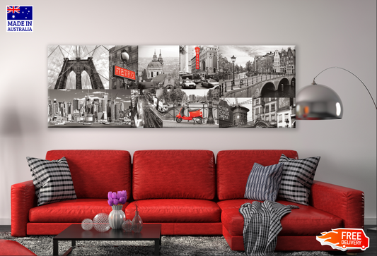 Panoramic Canvas B&W Red City Images High Quality 100% Australian made wall Canvas Print ready to hang