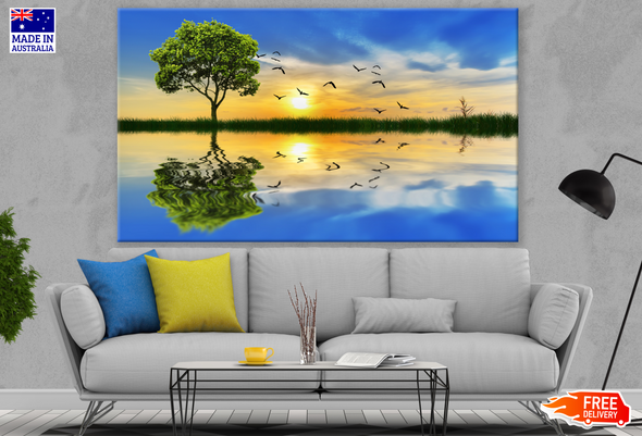 Tree, Bird & Sunset Stunning Reflection On Lake Photograph Print 100% Australian Made
