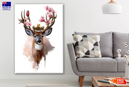 Deer & Flowers Portrait Watercolor Painting Print 100% Australian Made