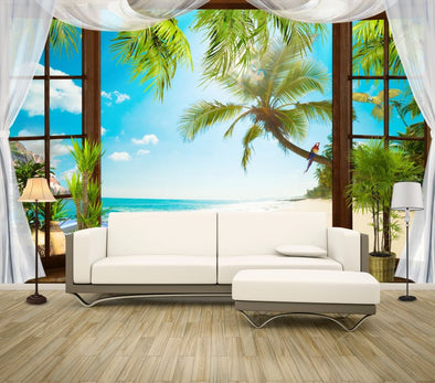 Wallpaper Murals Peel and Stick Removable Beach View Through Window High Quality
