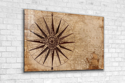 Vintage Compass Vector Print Tempered Glass Wall Art 100% Made in Australia Ready to Hang