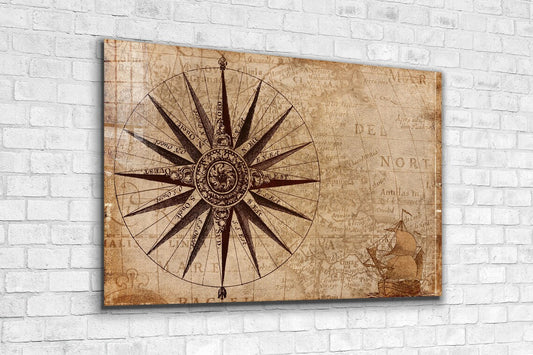 Vintage Compass Vector Print Tempered Glass Wall Art 100% Made in Australia Ready to Hang