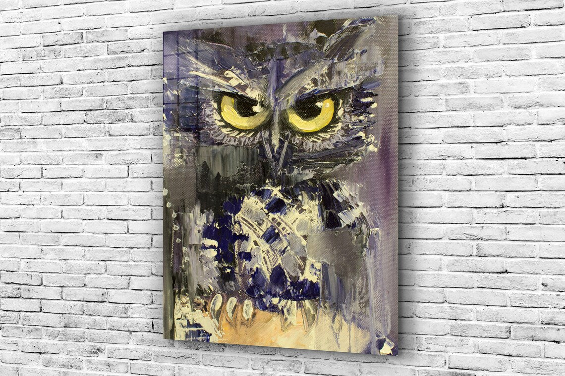 Yellow Eye Owl Painting Print Tempered Glass Wall Art 100% Made in Australia Ready to Hang