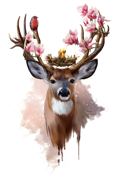 Deer With Flowers, Bird on Antler Home Decor Premium Quality Poster Print Choose Your Sizes