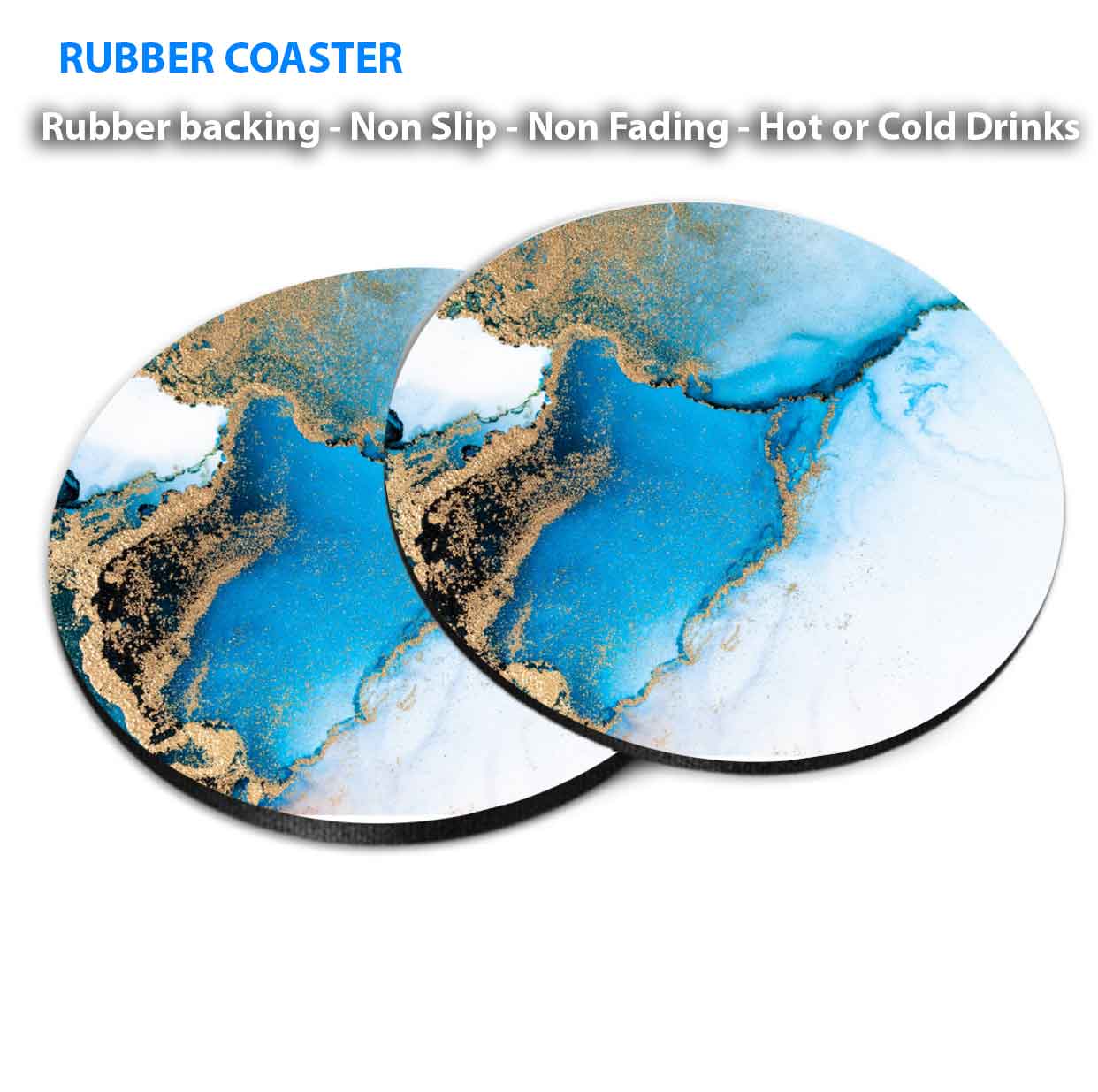 Blue Silver Marble Abstract Design Coasters Wood & Rubber - Set of 6 Coasters