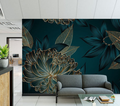 Wallpaper Murals Peel and Stick Removable Blue & Gold Floral Abstract Design High Quality