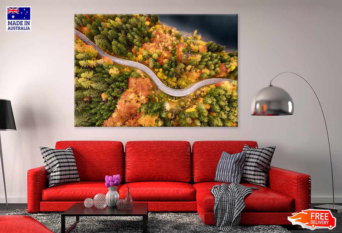 Autumn Forest Covered Road Aerial View Photograph Print 100% Australian Made