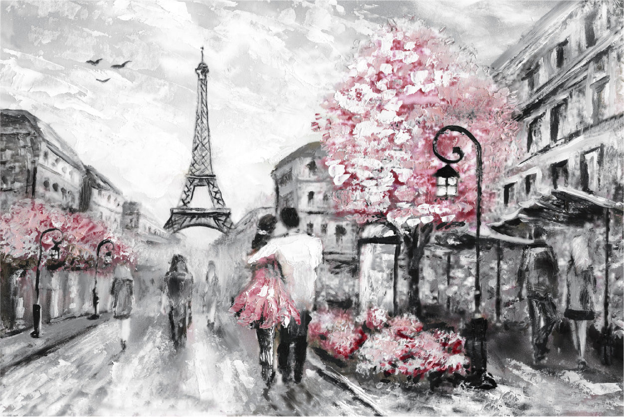 Bella Home Couple Painting Walking Near Eiffel Tower Print Canvas Ready to hang