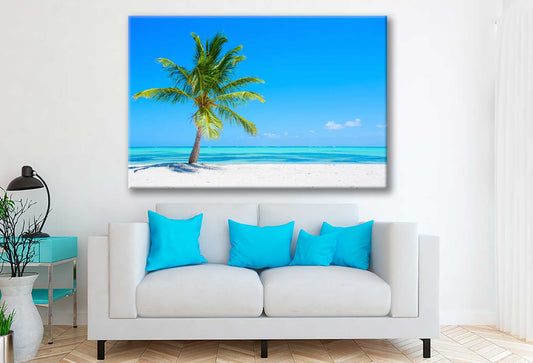 Bella Home Tropical Beach With a Palm Tree Print Canvas Ready to hang