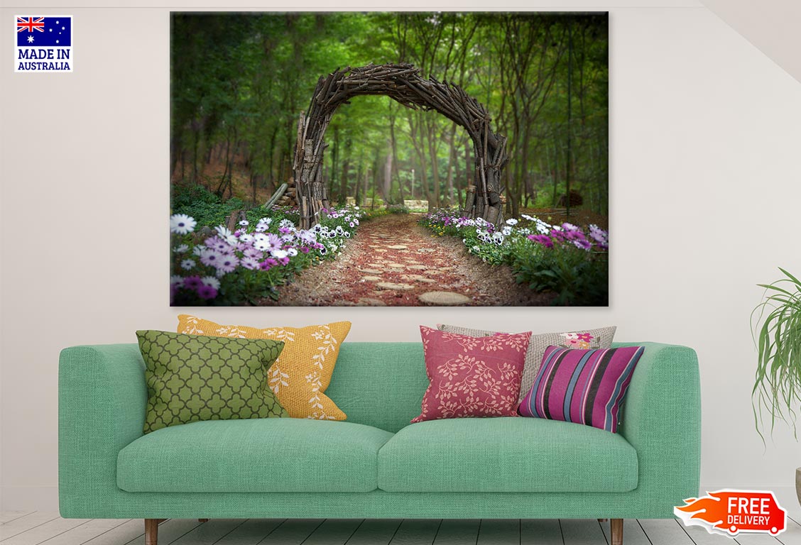 Arch Shaped Tree Branches & Flower Plants in Forest Photograph Print 100% Australian Made