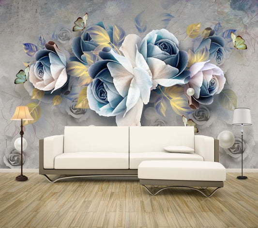 Wallpaper Murals Peel and Stick Removable Blue Pink Flower Design High Quality