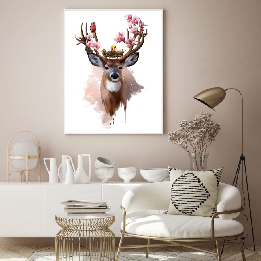 Deer With Flowers, Bird on Antler Home Decor Premium Quality Poster Print Choose Your Sizes