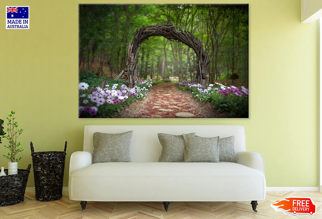 Arch Shaped Tree Branches & Flower Plants in Forest Photograph Print 100% Australian Made