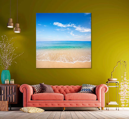 Square Canvas Sandy Shore Sea Blue Sky View Photograph High Quality Print 100% Australian Made