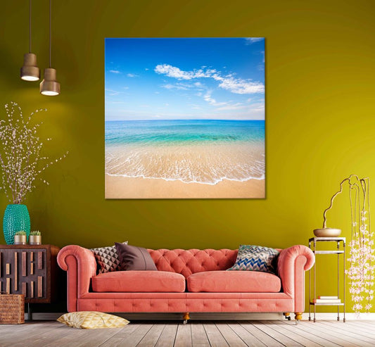 Square Canvas Sandy Shore Sea Blue Sky View Photograph High Quality Print 100% Australian Made