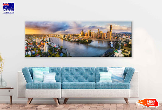 Panoramic Canvas Brisbane City With Buildings High Quality 100% Australian Made Wall Canvas Print Ready to Hang