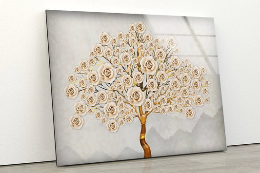 Gold & Beige Abstract Flowers Tree Design Acrylic Glass Print Tempered Glass Wall Art 100% Made in Australia Ready to Hang