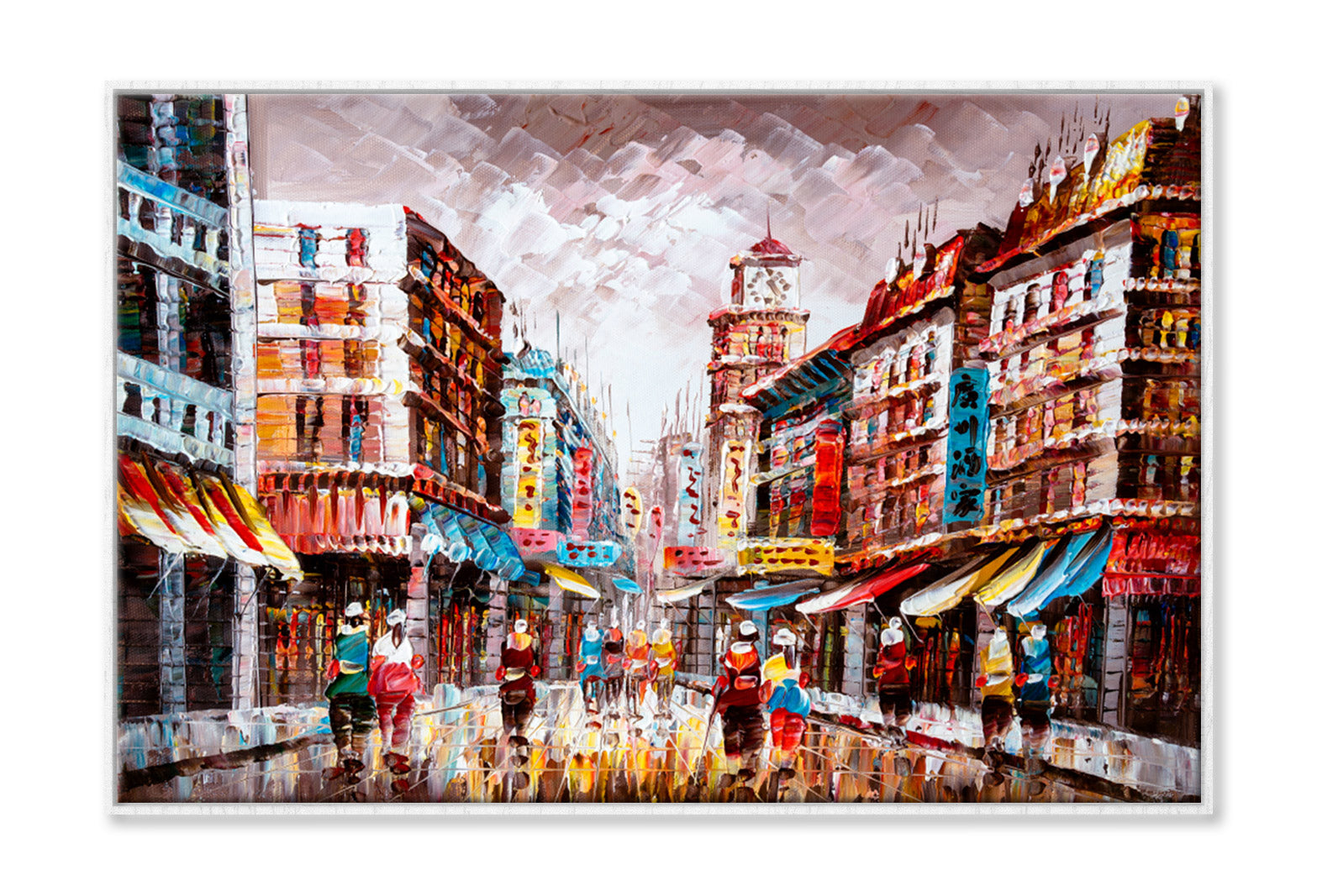 People Walking in Street of Hong Kong Oil Painting Wall Art Limited Edition High Quality Print Canvas Box Framed White