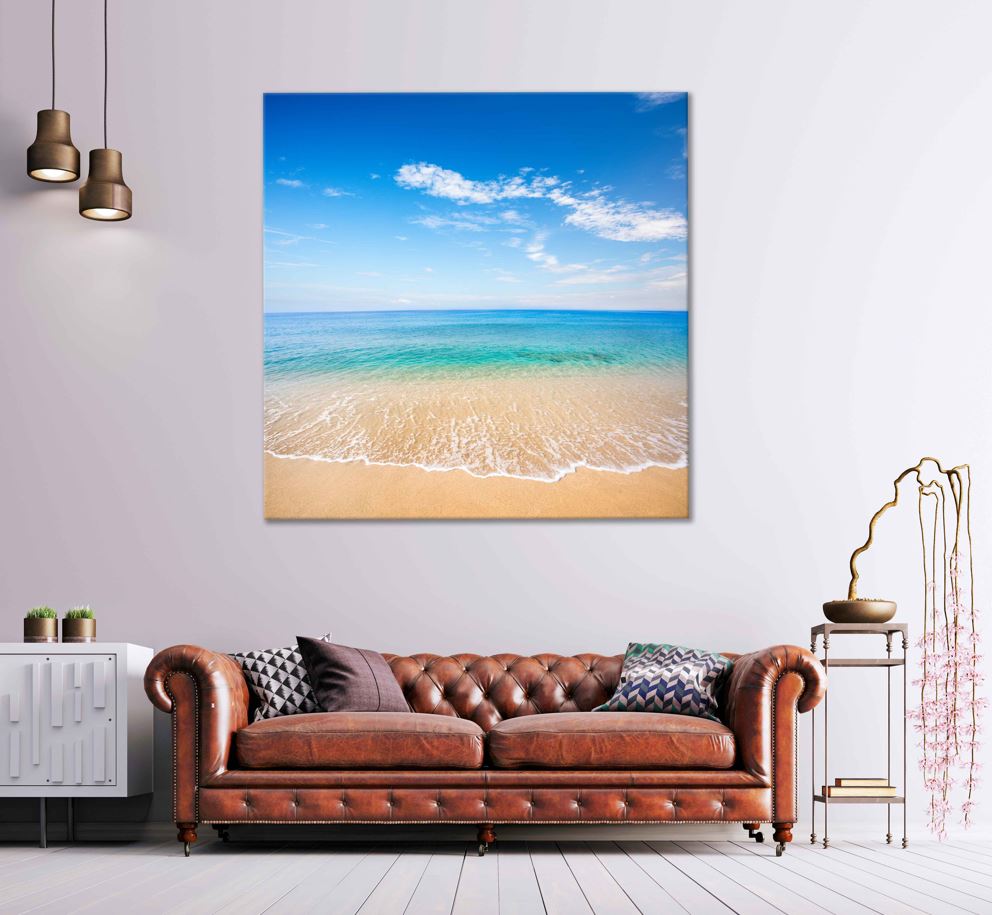 Square Canvas Sandy Shore Sea Blue Sky View Photograph High Quality Print 100% Australian Made