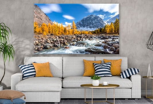 Water Stream & Yellow Trees With Mountain View Print 100% Australian Made