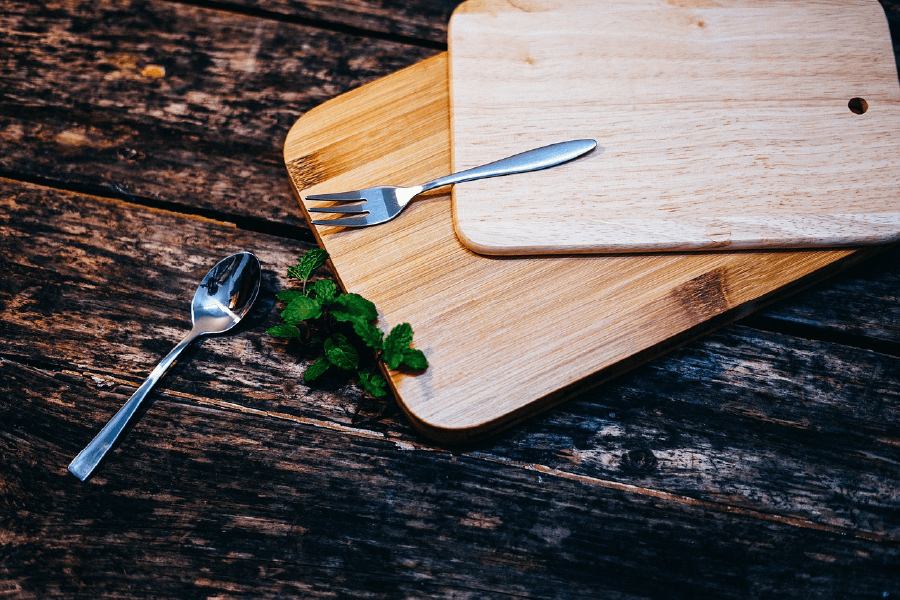 Spoon & Fork on Wooden Chopping Board Print 100% Australian Made