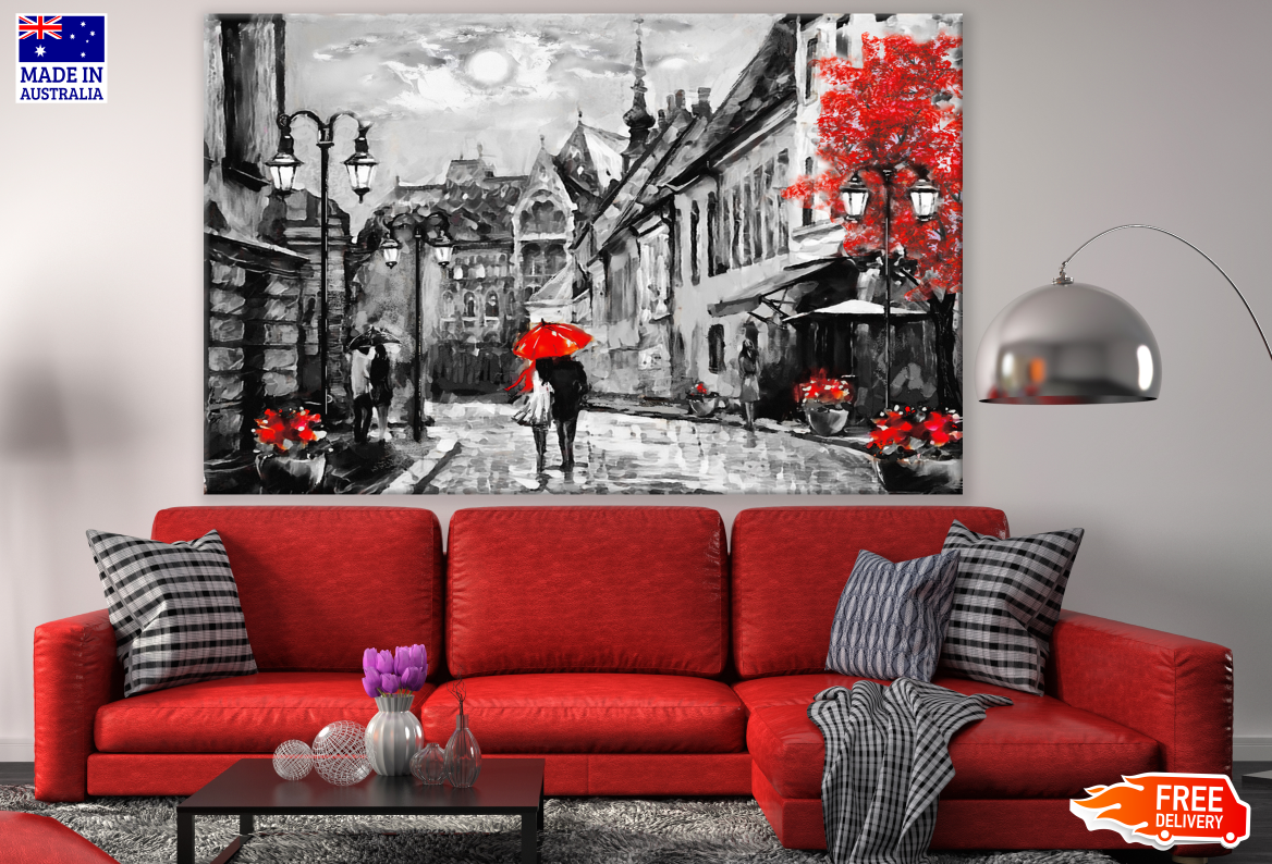 Couple Walking with Red Umbrella B&W Painting Print 100% Australian Made