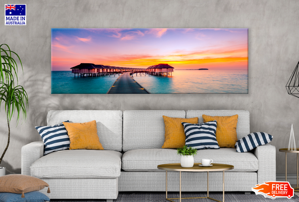 Panoramic Canvas Stunning Beach Sunset Wooden pier High Quality 100% Australian made wall Canvas Print ready to hang
