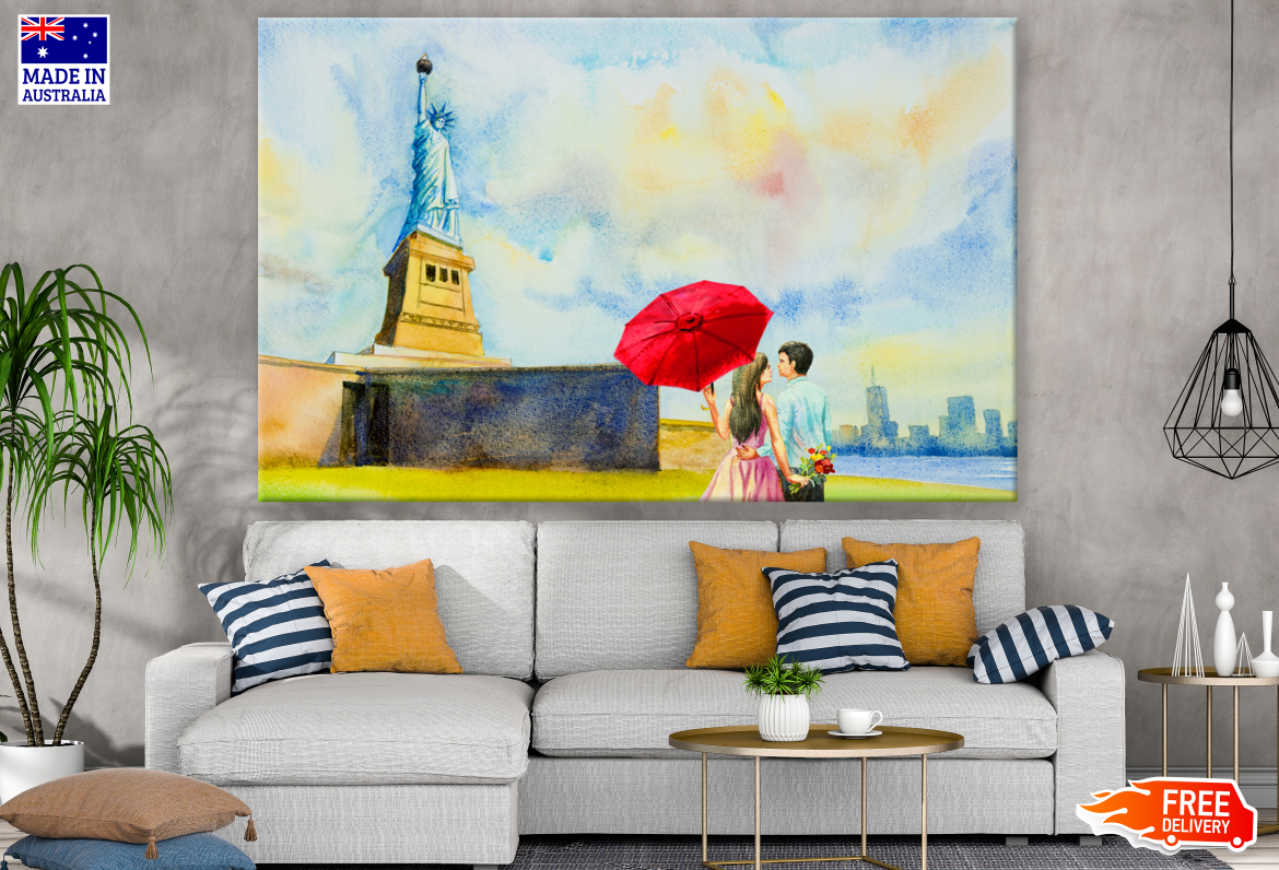 Couple with Red Umbrella Near Eiffel Tower Painting Print 100% Australian Made