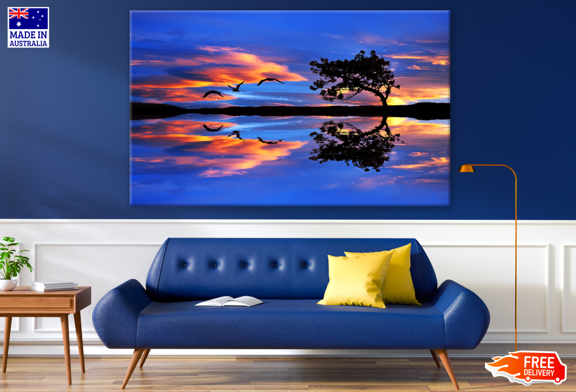 Tree, Bird Reflection on Lake Sunset Photograph Print 100% Australian Made