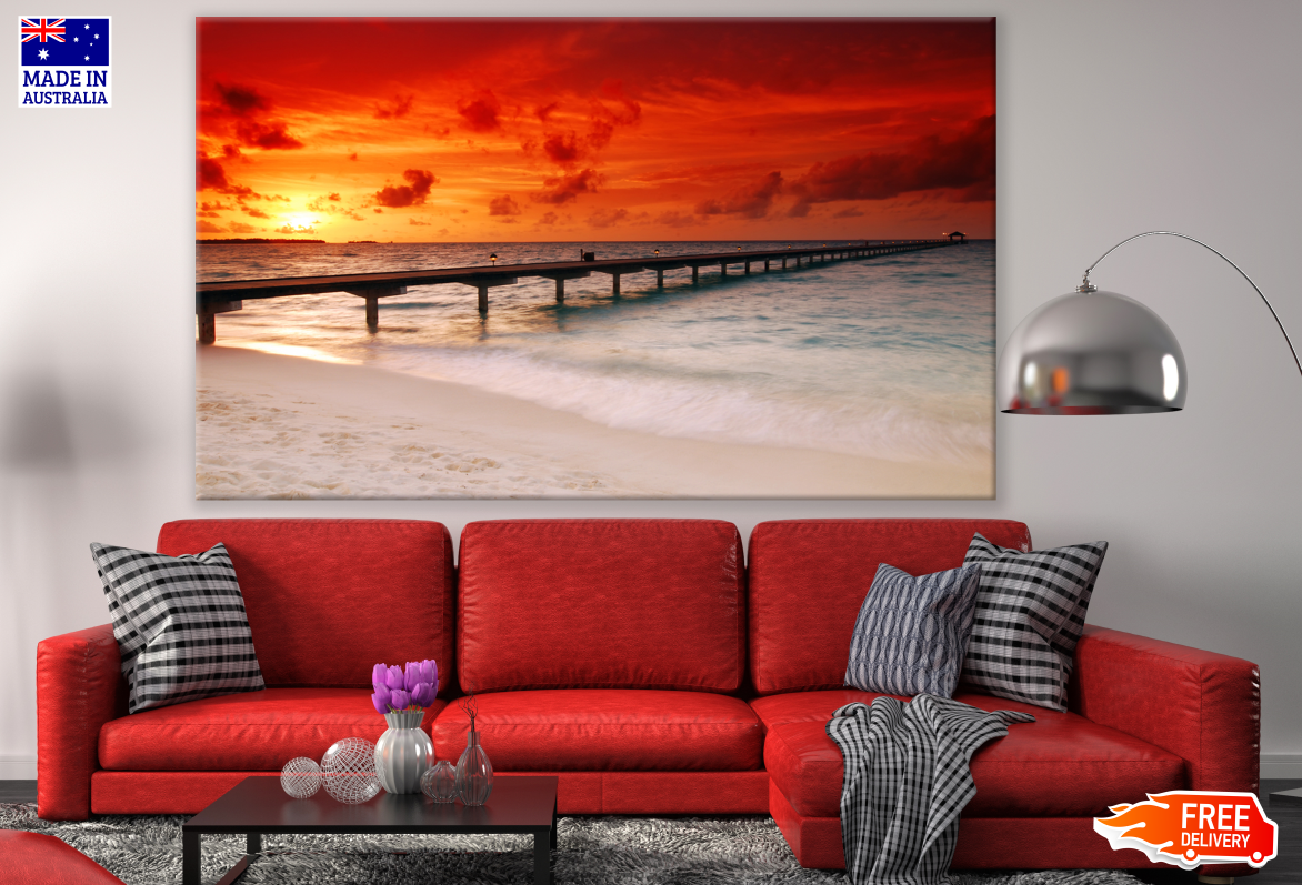 Stunning Beach Hut on Long Pier Sunset Red Sky Photograph Print 100% Australian Made