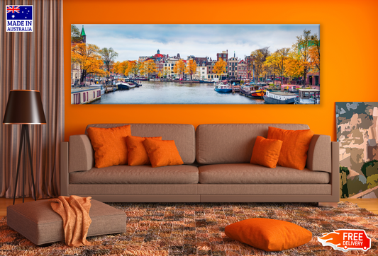 Panoramic Canvas Amsterdam Canal Cruise in Autumn High Quality 100% Australian made wall Canvas Print ready to hang