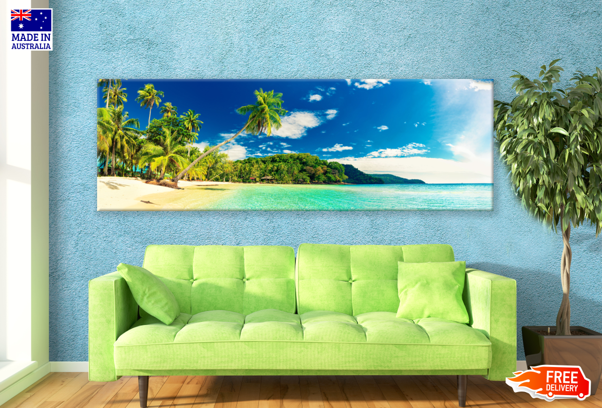 Panoramic Canvas Paradise Tropical Beach Trees Photograph High Quality 100% Australian made wall Canvas Print ready to hang