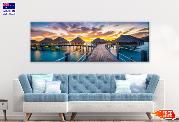 Panoramic Canvas Romantic Beach and Sunset Wooden Bridge Resort High Quality 100% Australian made wall Canvas Print ready to hang