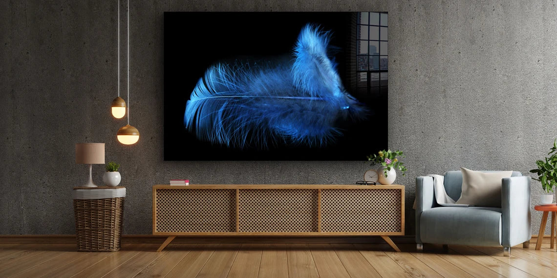 Blue Feather on Dark Print Tempered Glass Wall Art 100% Made in Australia Ready to Hang