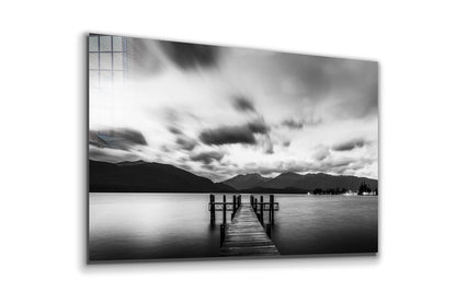 Lake Dock Clouds B&W Print Tempered Glass Wall Art 100% Made in Australia Ready to Hang