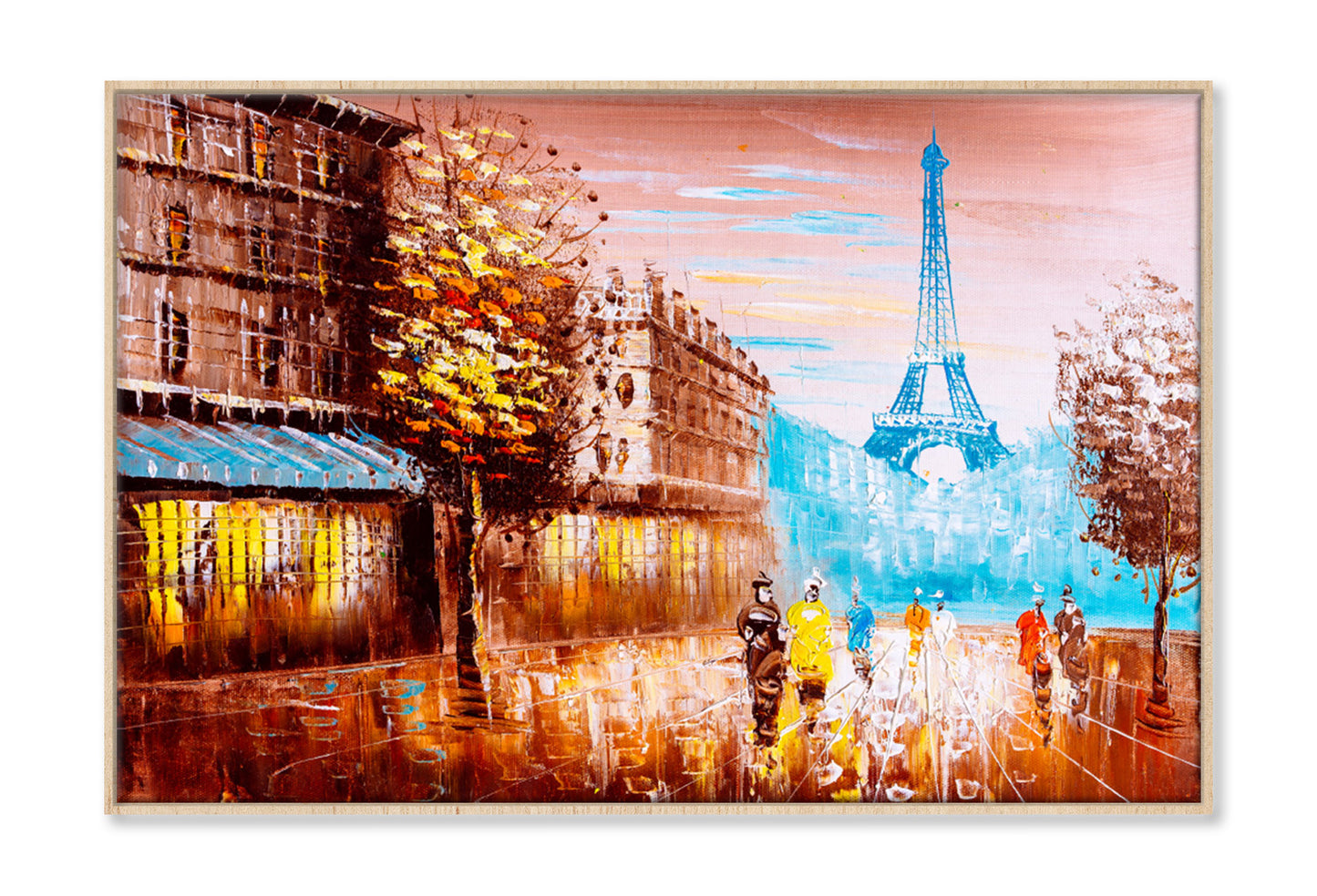 People Walking in Street of Paris & Trees Oil Painting Wall Art Limited Edition High Quality Print Canvas Box Framed Natural