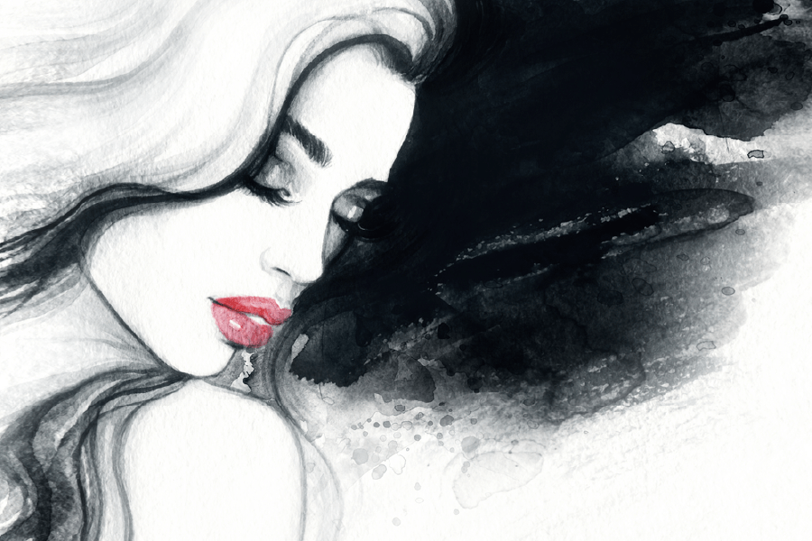 Fashion Woman Face with Red Lips B&W Watercolor Painting Print 100% Australian Made