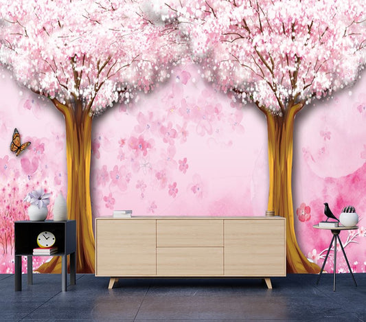 Wallpaper Murals Peel and Stick Removable Pink Flowers Trees Design High Quality