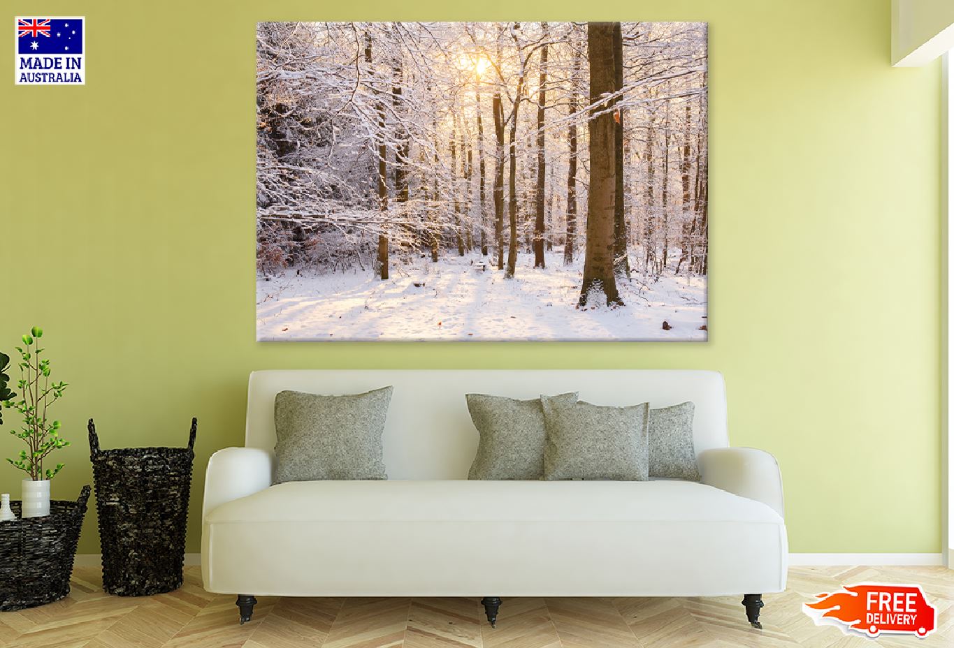 Snow Covered Trees Barks Sunset View Photograph Print 100% Australian Made