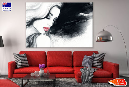 Fashion Woman Face with Red Lips B&W Watercolor Painting Print 100% Australian Made