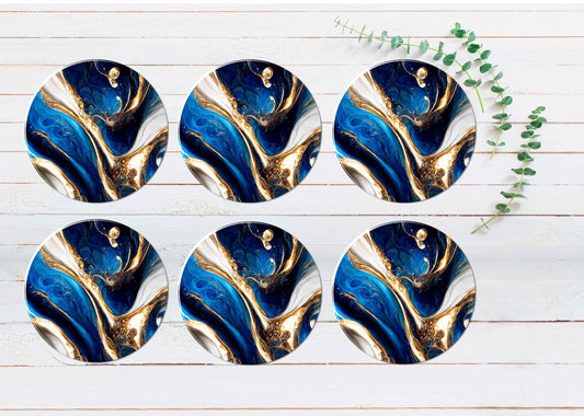 Milky Gold & Blue Abstract Coasters Wood & Rubber - Set of 6 Coasters