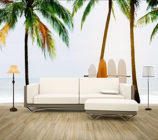 Wallpaper Murals Peel and Stick Removable Surf Boards Near Beach & Palm Trees High Quality