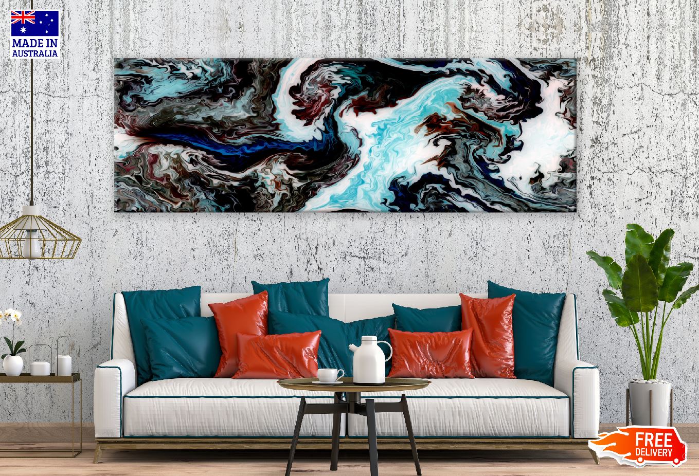 Panoramic Canvas Blue Black Fluid Ink Abstract Design High Quality 100% Australian Made Wall Canvas Print Ready to Hang