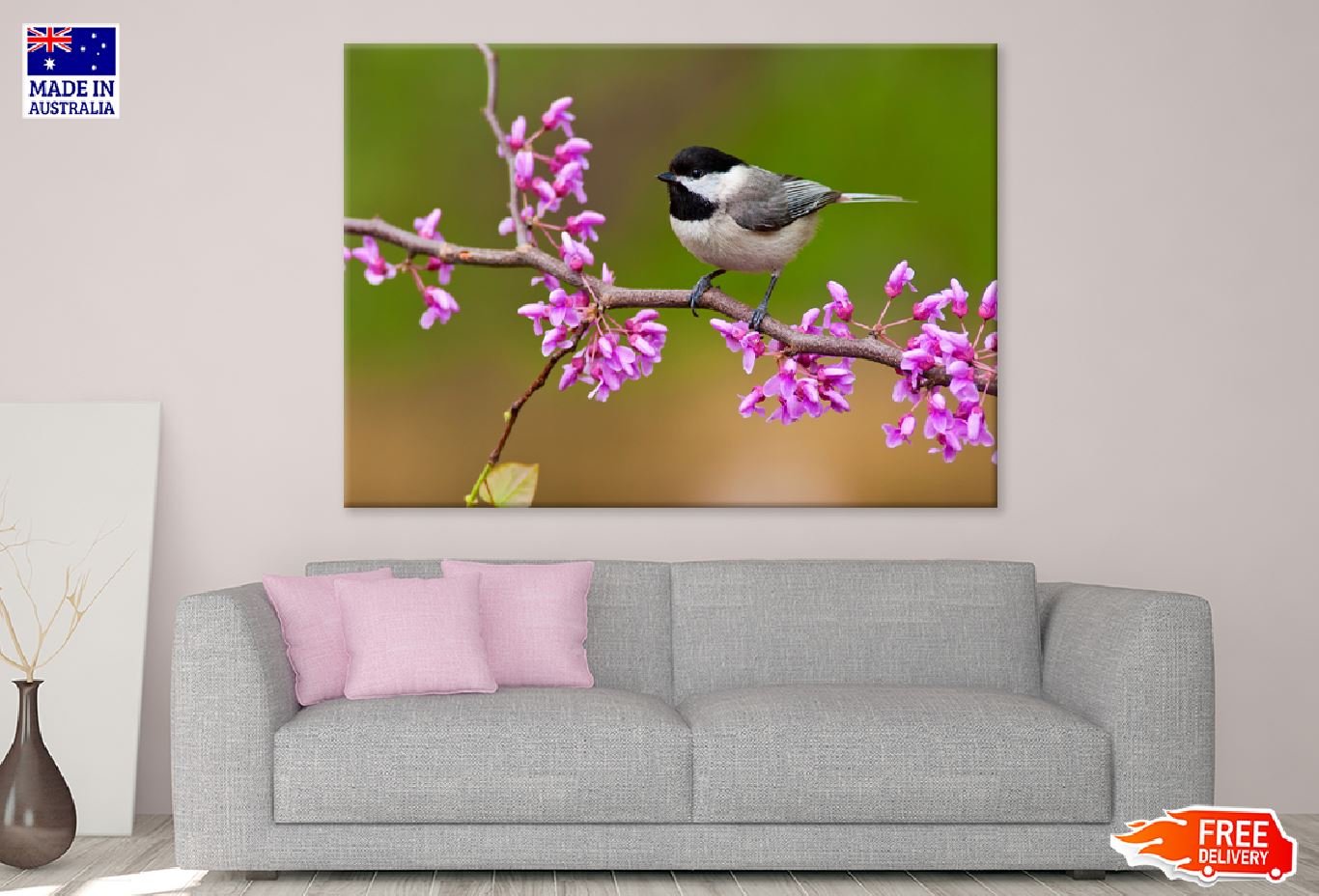 Black Capped Bird on Flower Tree Photograph Print 100% Australian Made